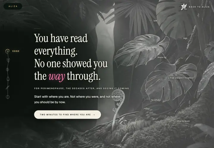 The Aliza cinematic walk: a dark jungle scene with an elegant serif headline