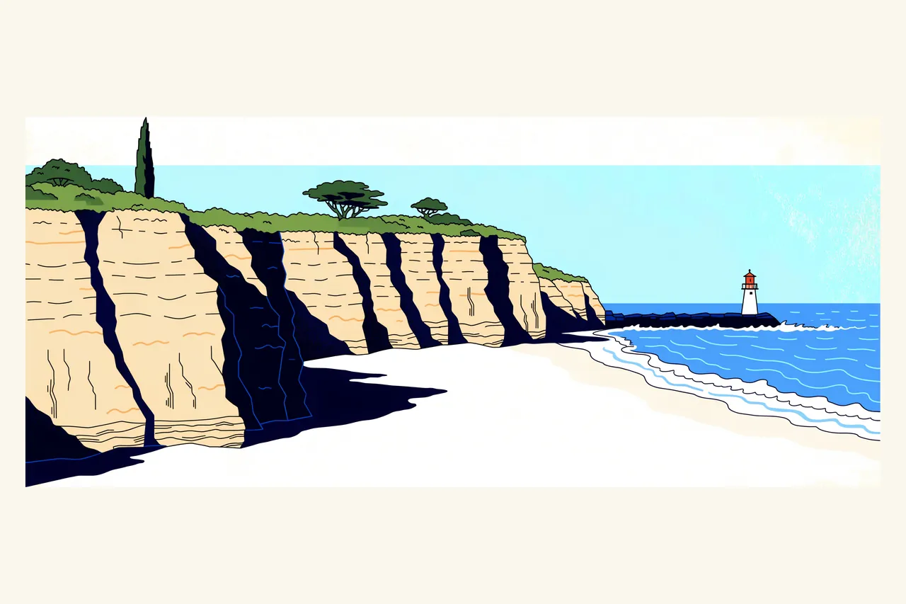 Illustration: golden sandstone cliffs above Seabright Beach, Walton Lighthouse at the end of the jetty