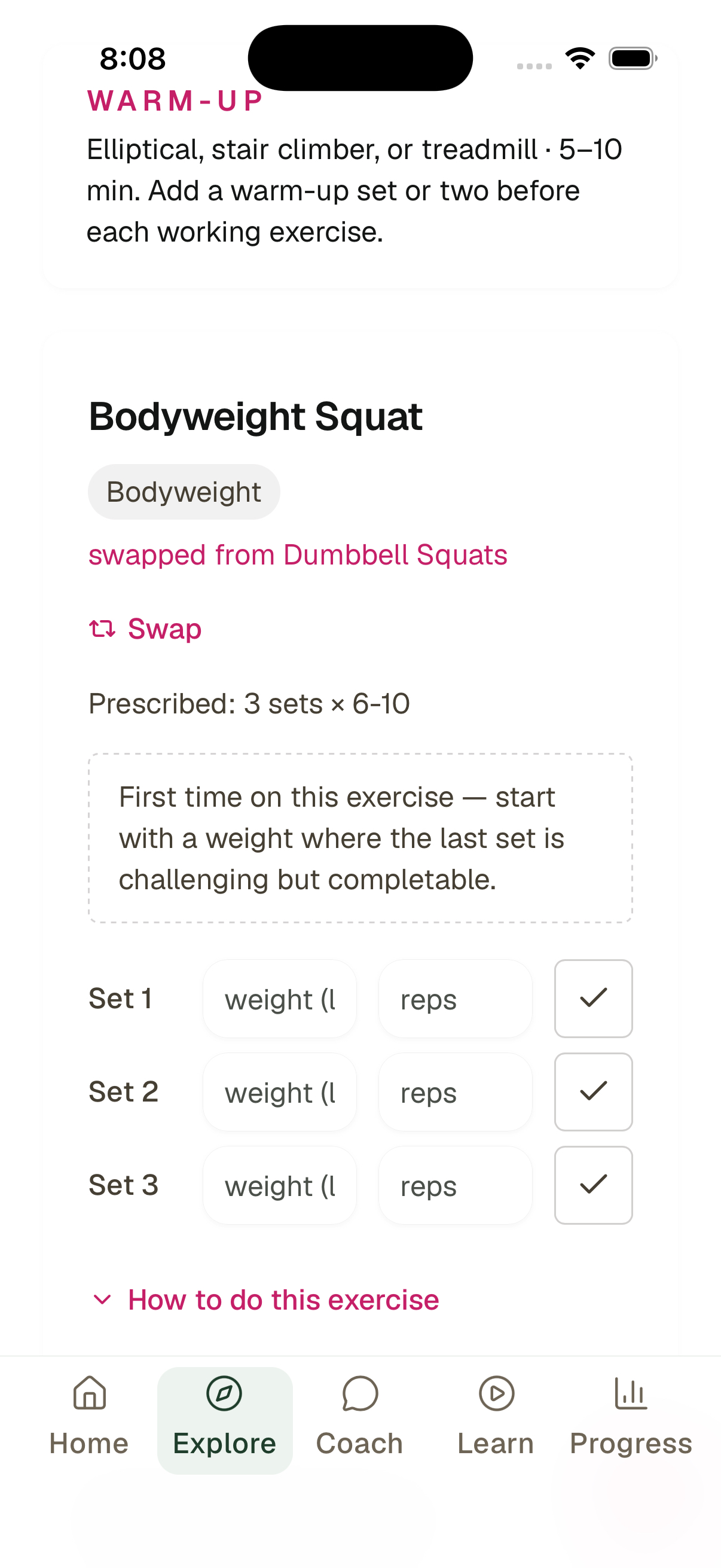 Aliza workout screen from the fictional Dana demo account