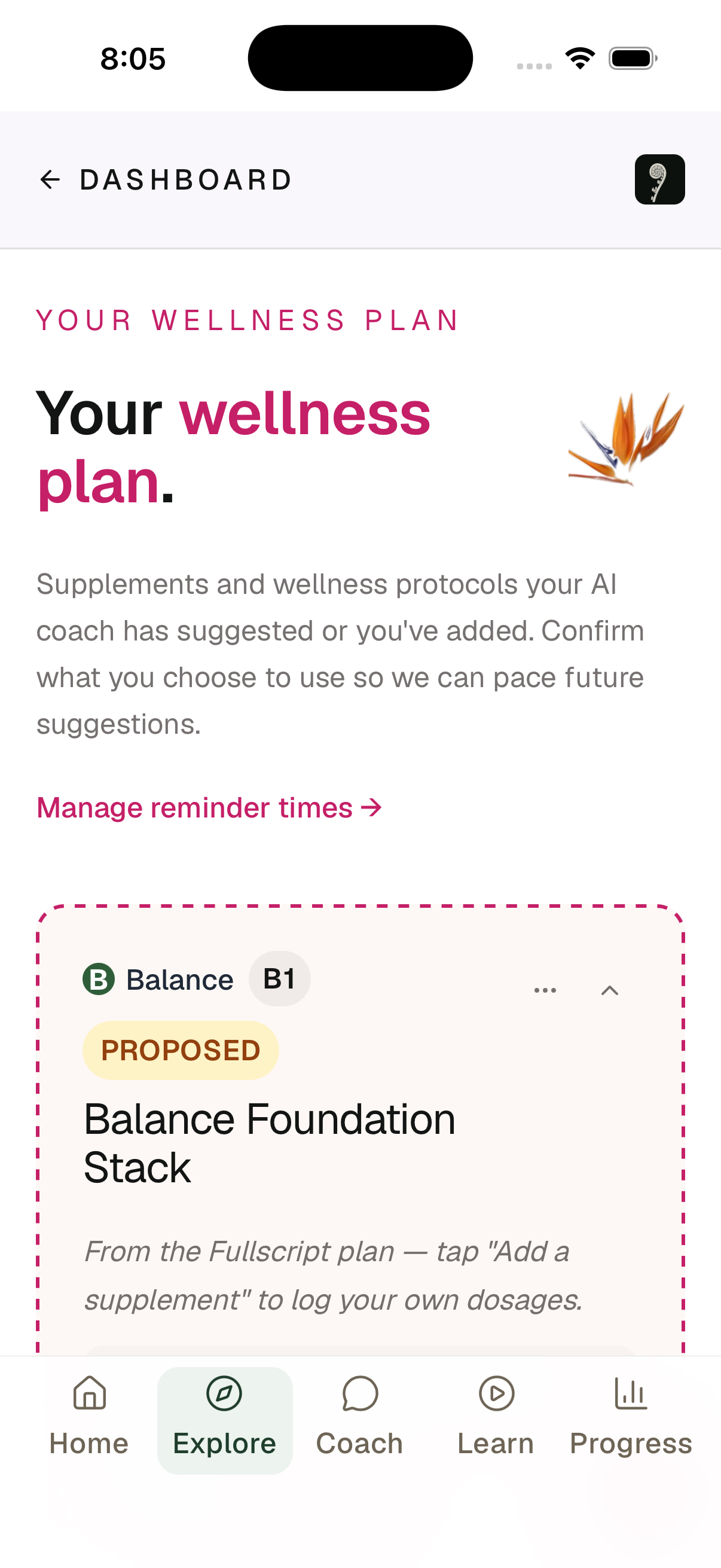 Aliza wellness plan screen from the fictional Dana demo account