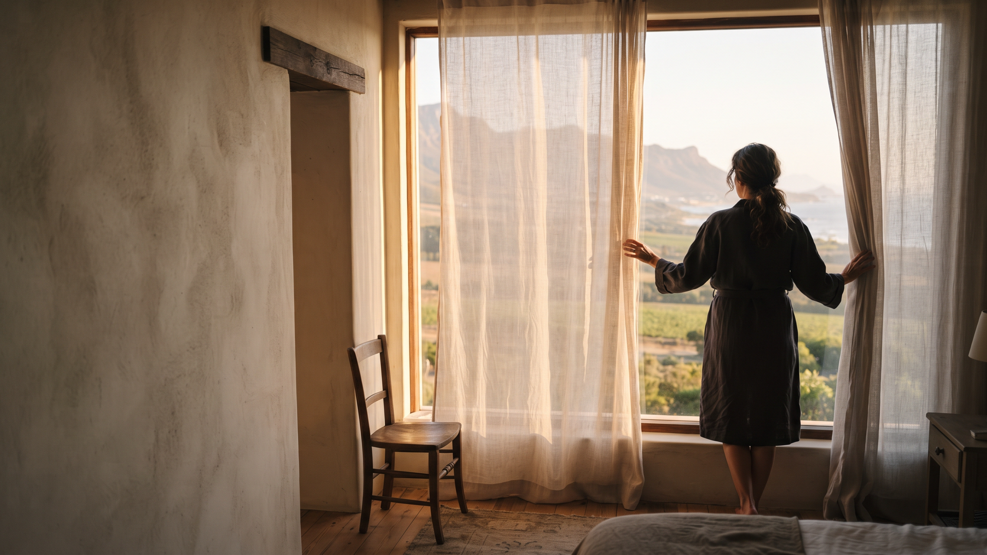 AI-generated morning scene with a woman opening curtains.
