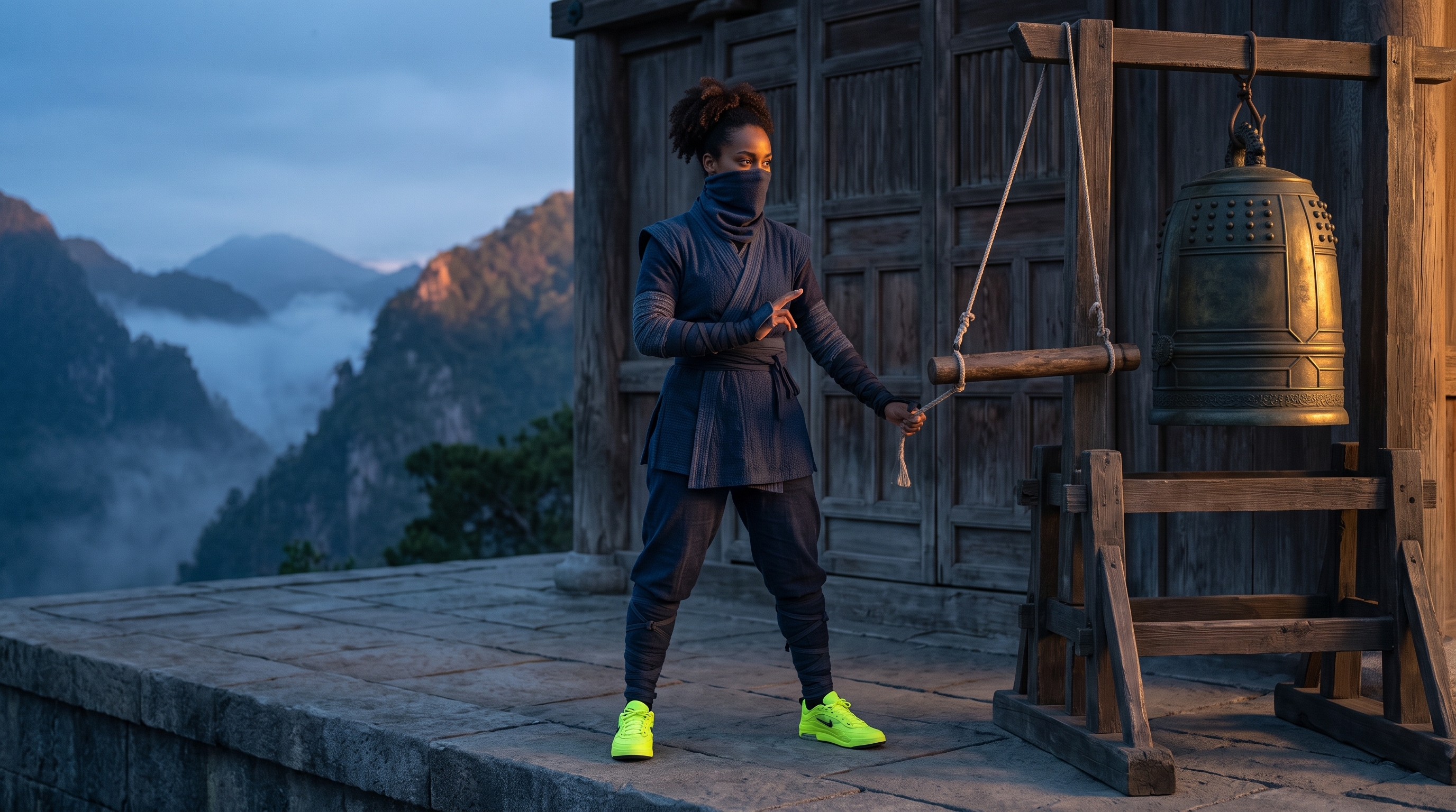 Fictional warrior at a mountain temple wearing bright green sneakers.